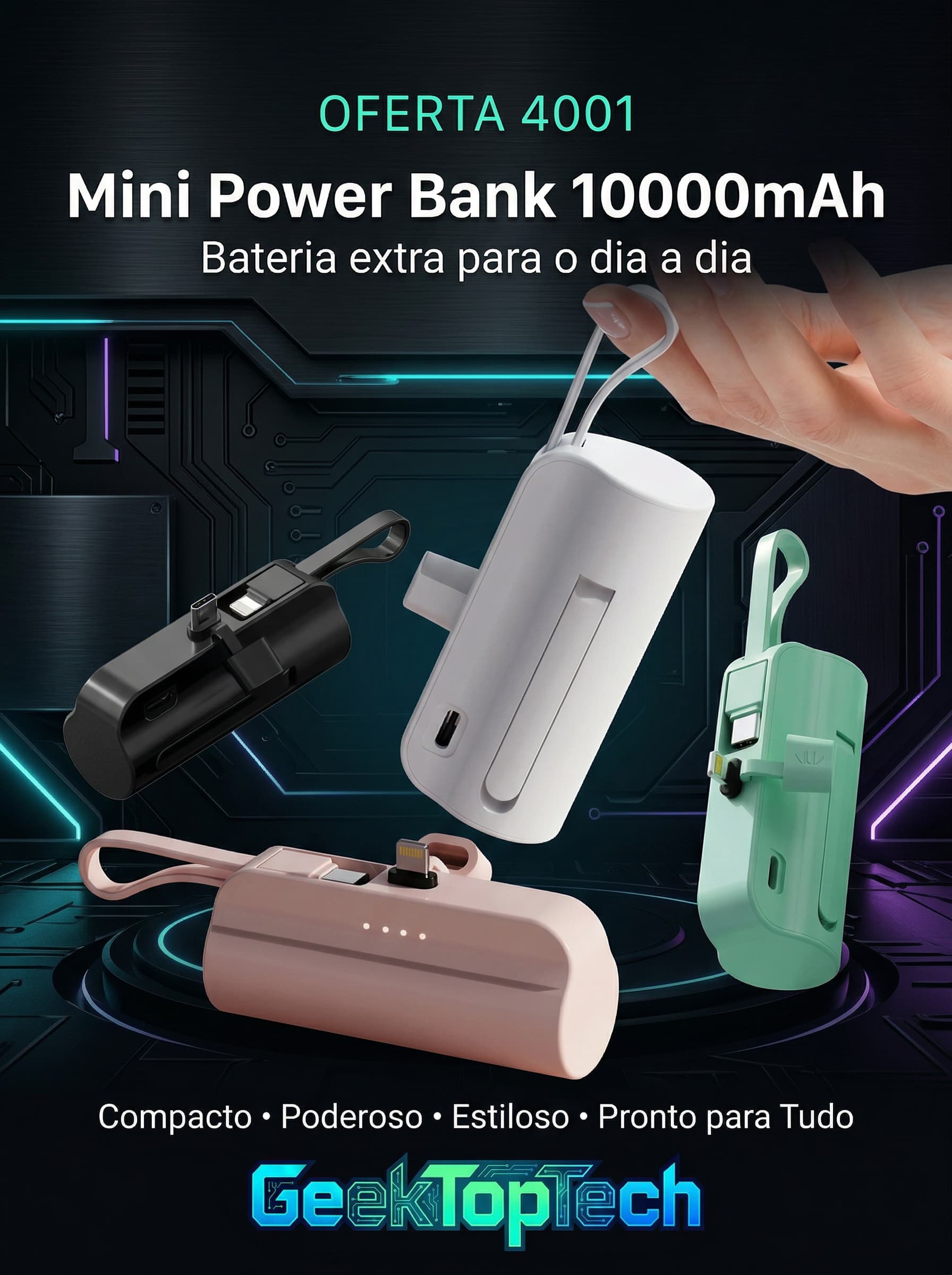 Mini Power Bank 10000mAh com 02 saídas Tipo-C / Lightning